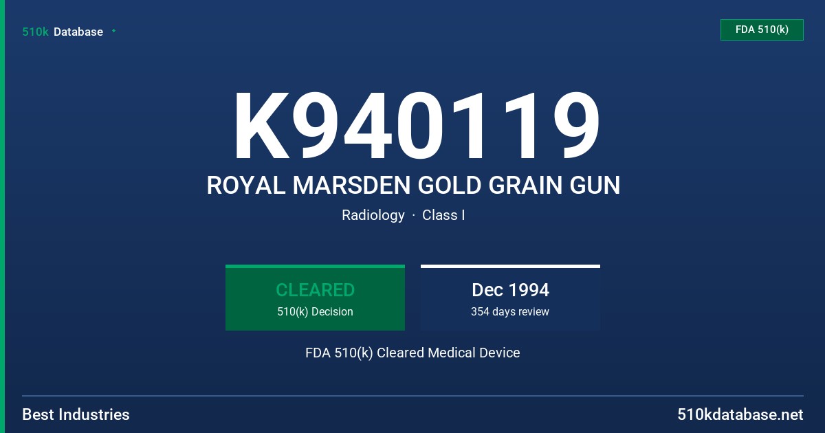 K940119 ROYAL MARSDEN GOLD GRAIN GUN FDA 510(k) Cleared Medical Device