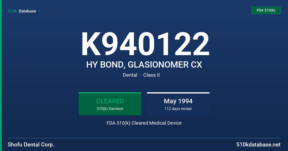 K940122 HY BOND, GLASIONOMER CX FDA 510(k) Cleared Medical Device