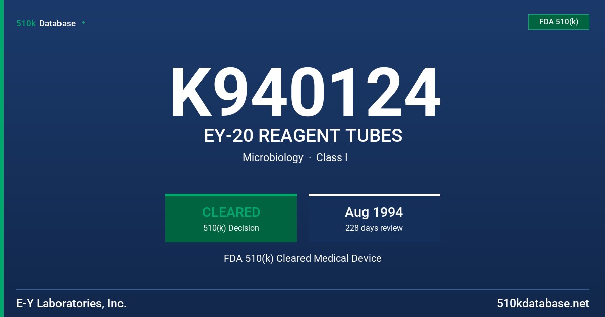 K940124 EY-20 REAGENT TUBES FDA 510(k) Cleared Medical Device