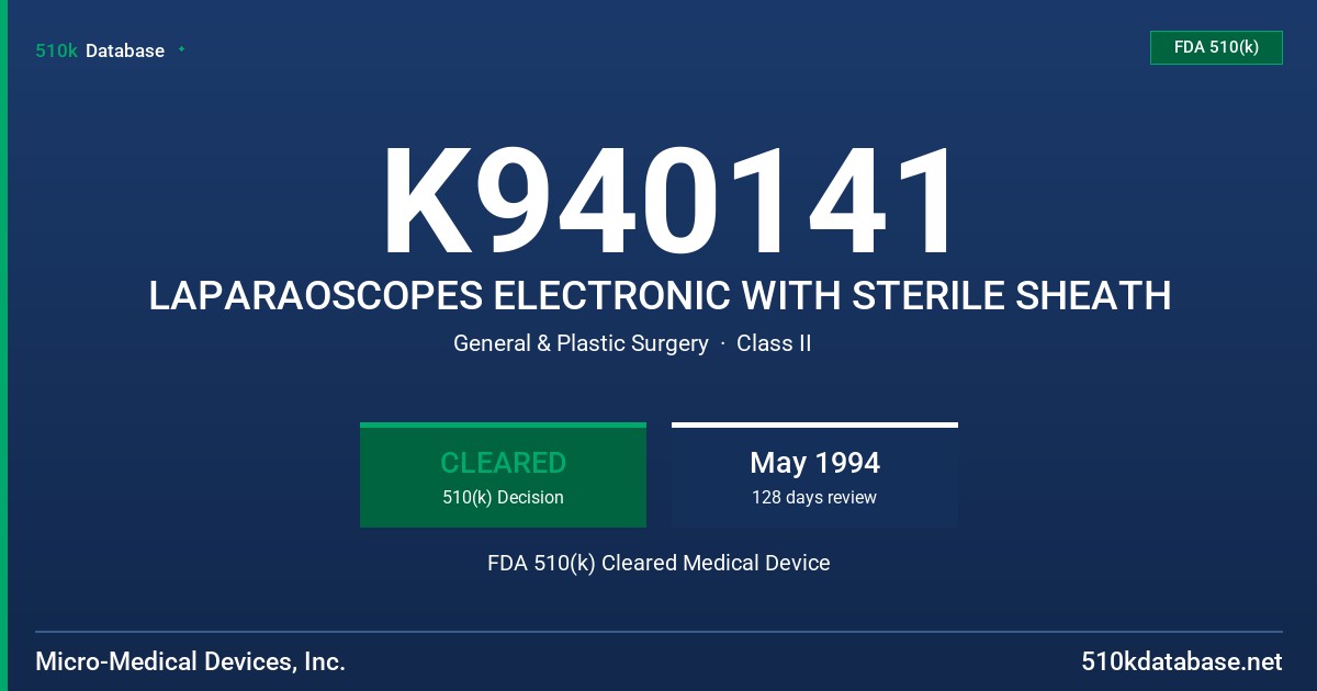 K940141 LAPARAOSCOPES ELECTRONIC WITH STERILE SHEATH FDA 510(k) Cleared Medical Device