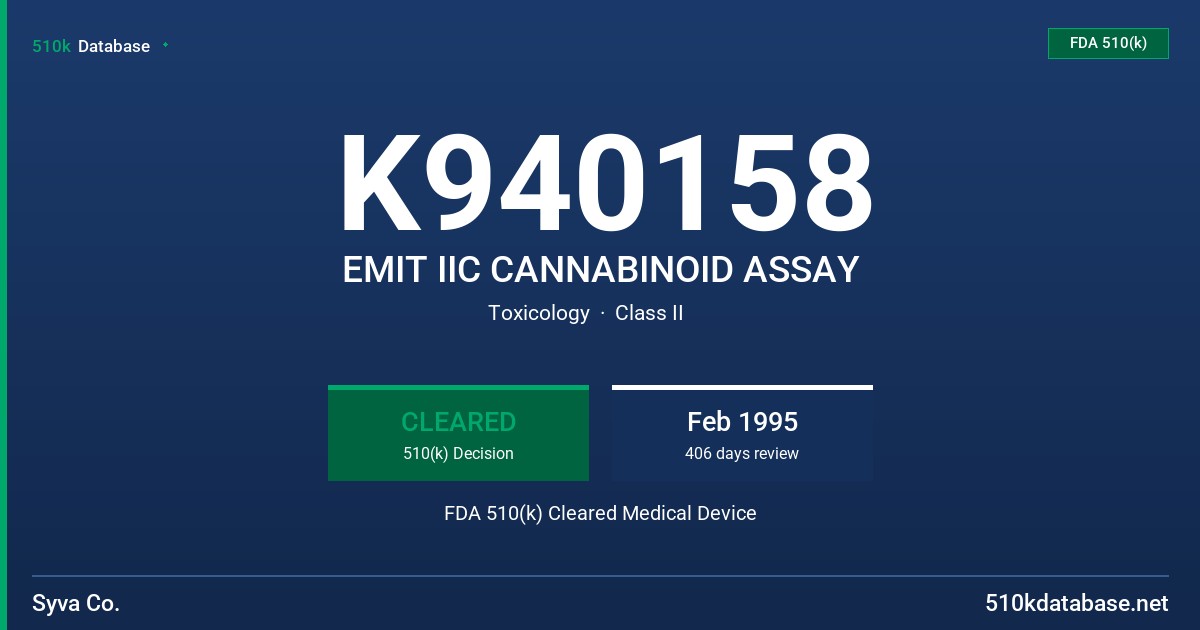 K940158 EMIT IIC CANNABINOID ASSAY FDA 510(k) Cleared Medical Device