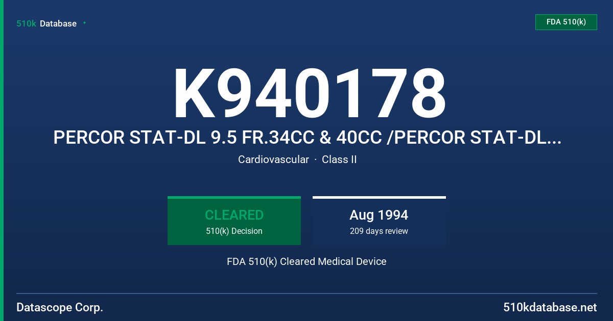K940178 PERCOR STAT-DL 9.5 FR.34CC & 40CC /PERCOR STAT-DL 10.5 FR.40CC & 50CC INTRA-AORTIC BALLOON MODIFICATION FDA 510(k) Cleared Medical Device