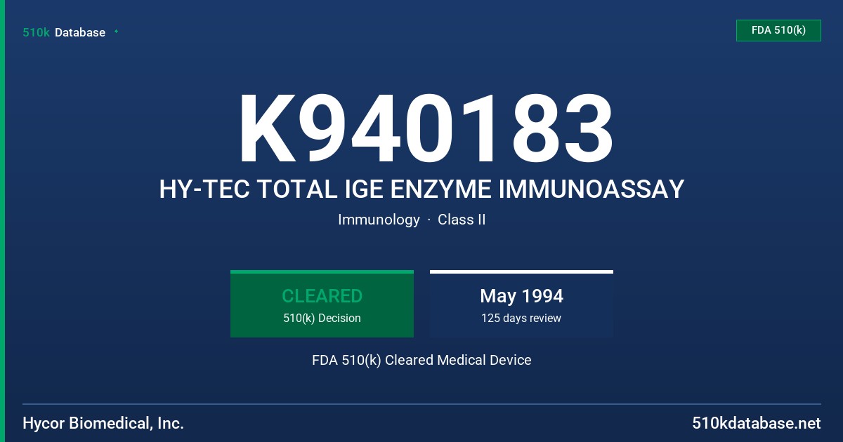 K940183 HY-TEC TOTAL IGE ENZYME IMMUNOASSAY FDA 510(k) Cleared Medical Device