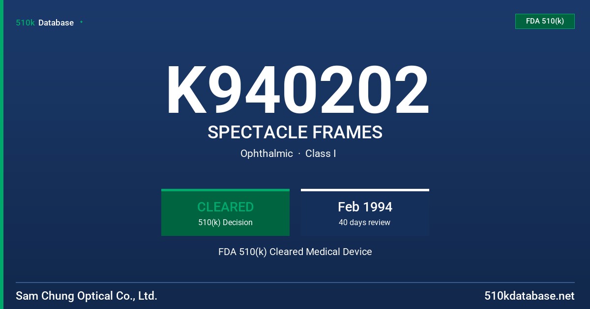 K940202 SPECTACLE FRAMES FDA 510(k) Cleared Medical Device