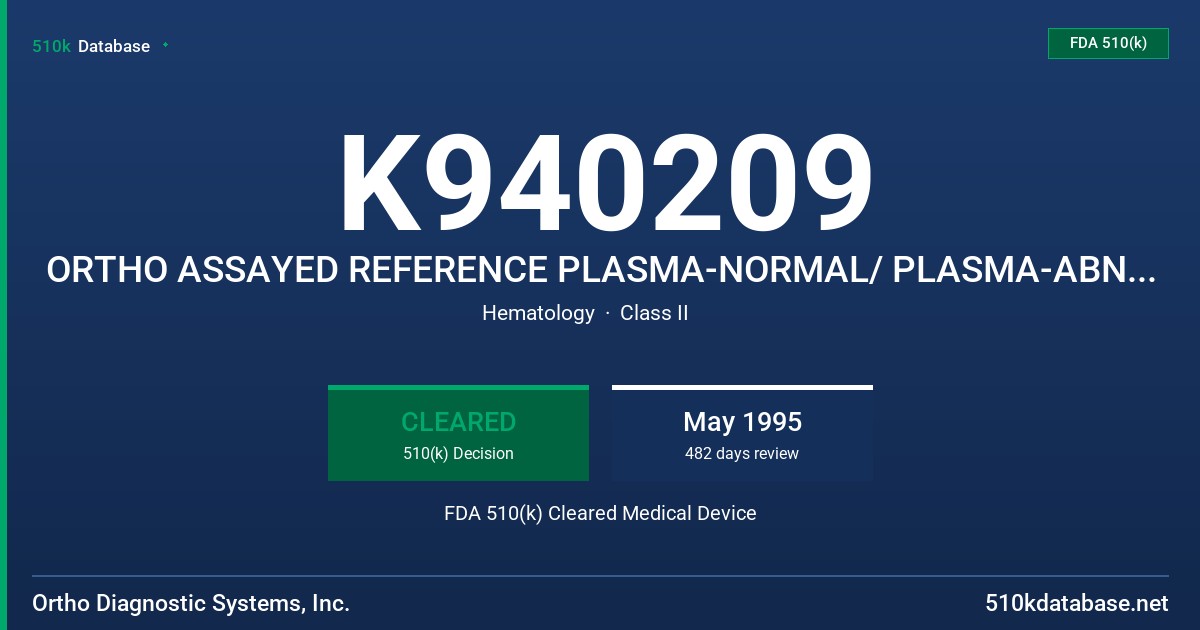 K940209 ORTHO ASSAYED REFERENCE PLASMA-NORMAL/ PLASMA-ABNORMAL FDA 510(k) Cleared Medical Device