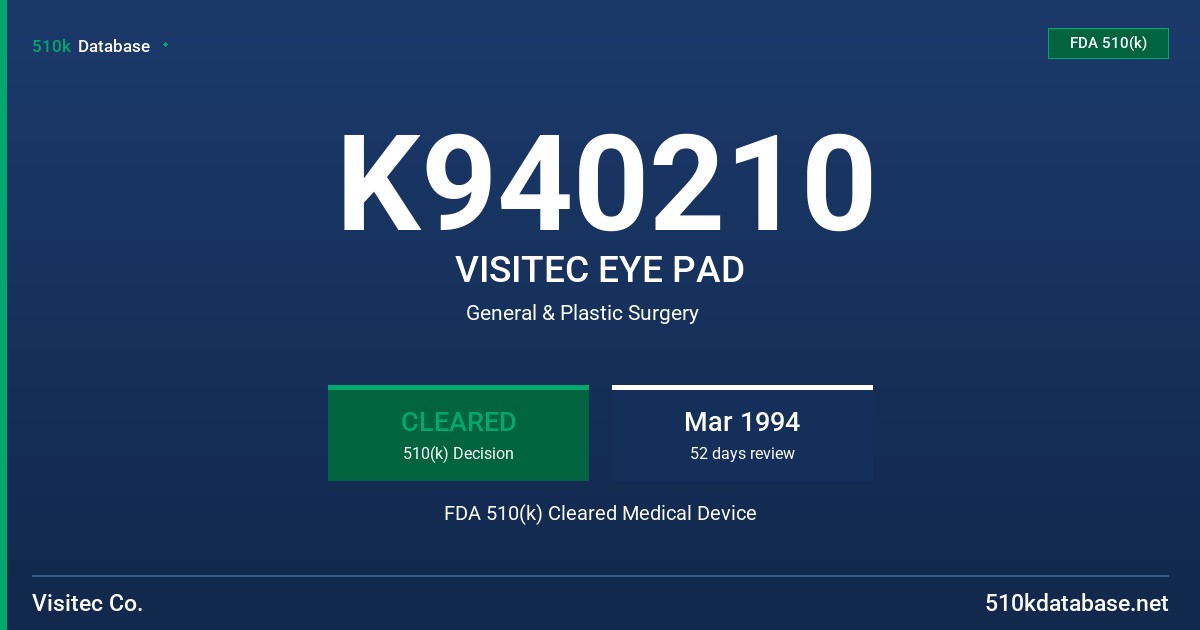 K940210 VISITEC EYE PAD FDA 510(k) Cleared Medical Device