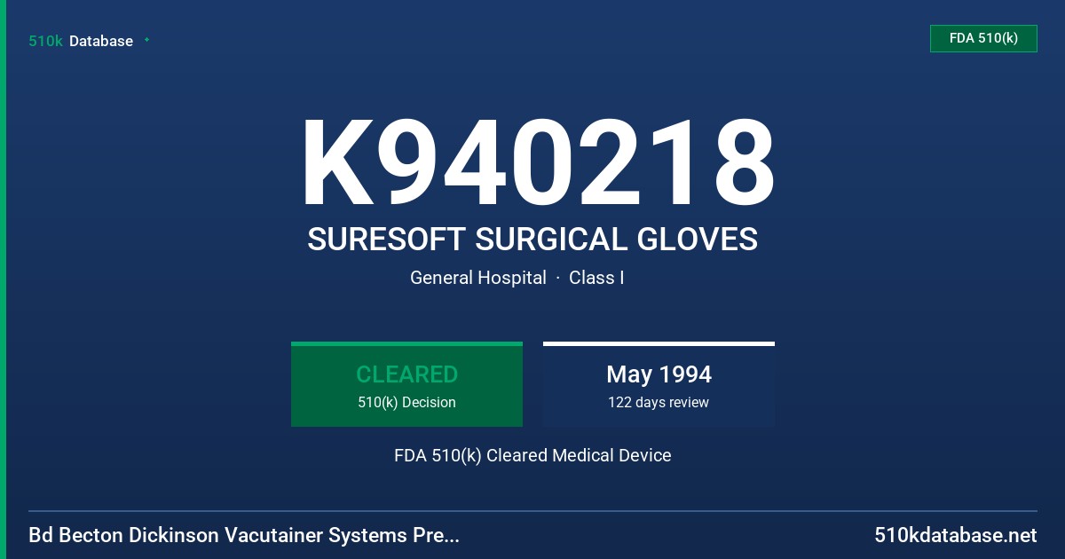 K940218 SURESOFT SURGICAL GLOVES FDA 510(k) Cleared Medical Device