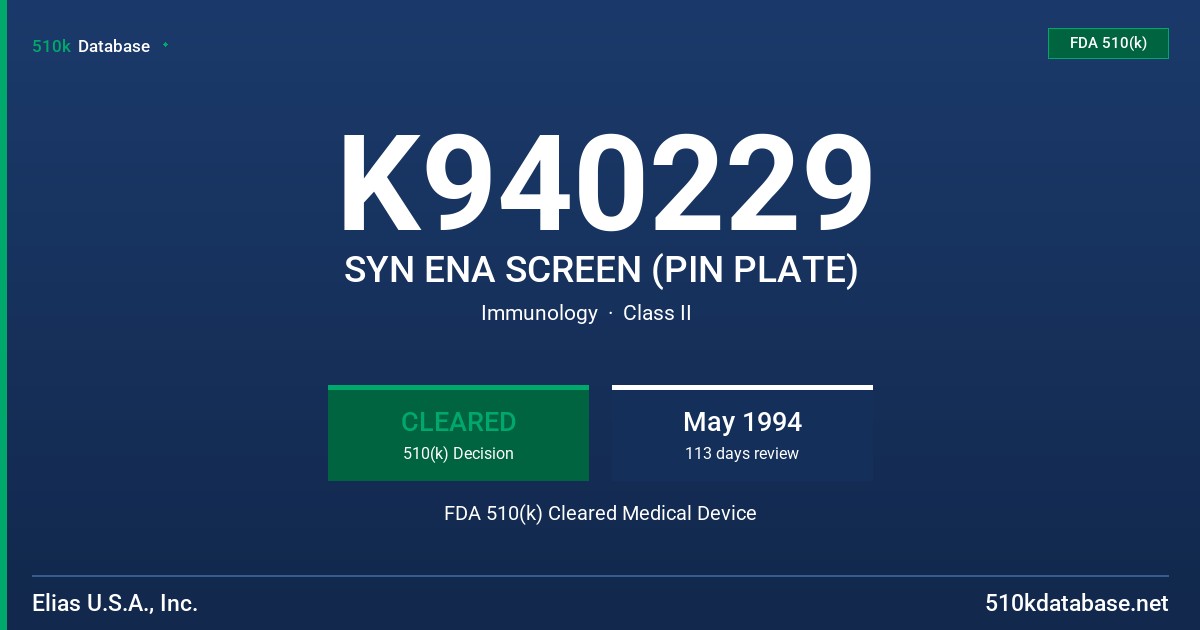 K940229 SYN ENA SCREEN (PIN PLATE) FDA 510(k) Cleared Medical Device