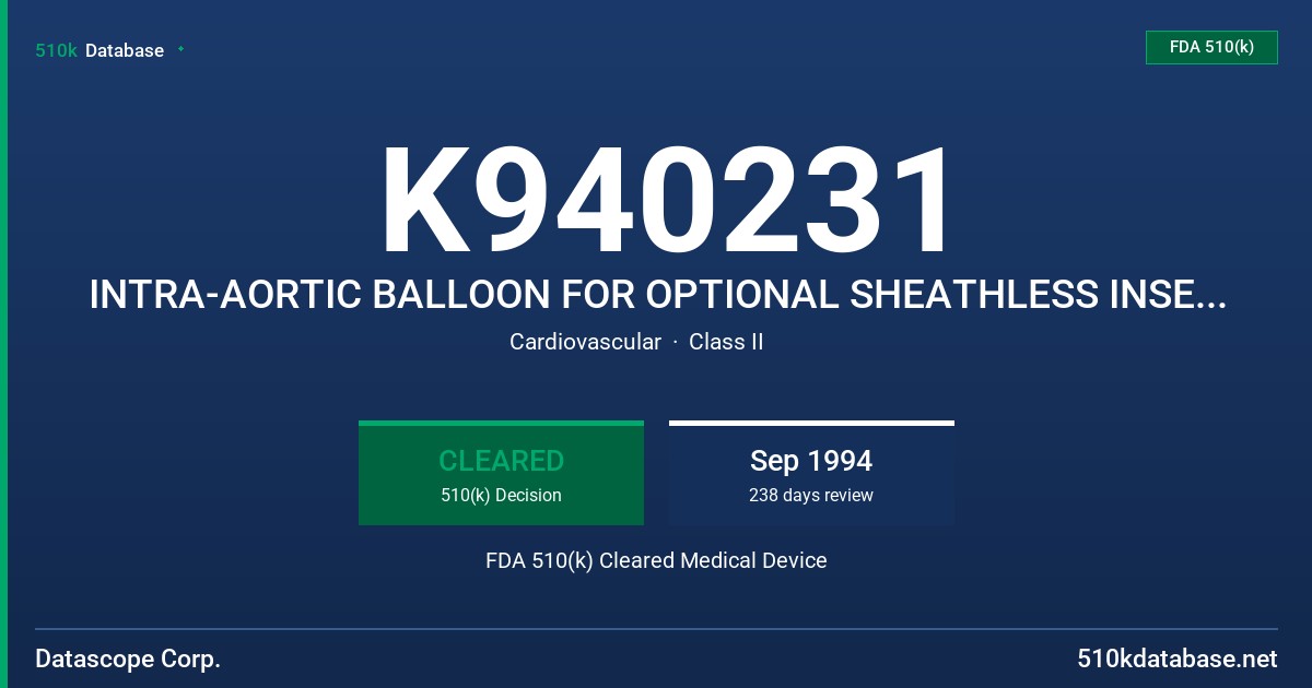 K940231 INTRA-AORTIC BALLOON FOR OPTIONAL SHEATHLESS INSERTION FDA 510(k) Cleared Medical Device