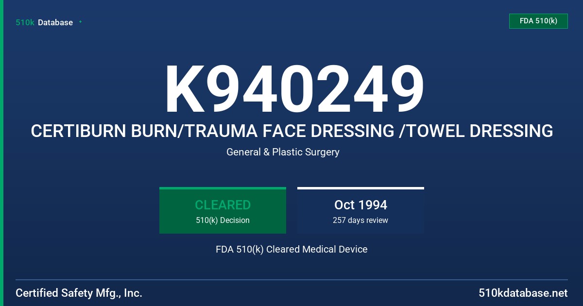 K940249 CERTIBURN BURN/TRAUMA FACE DRESSING /TOWEL DRESSING FDA 510(k) Cleared Medical Device