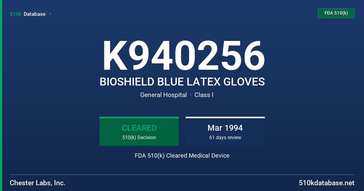 K940256 BIOSHIELD BLUE LATEX GLOVES FDA 510(k) Cleared Medical Device