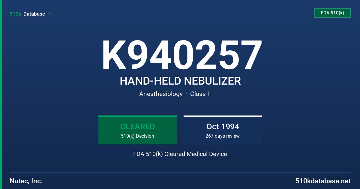 K940257 HAND-HELD NEBULIZER FDA 510(k) Cleared Medical Device