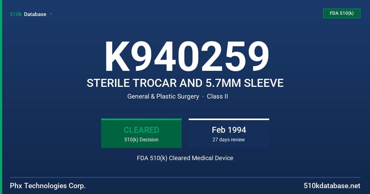 K940259 STERILE TROCAR AND 5.7MM SLEEVE FDA 510(k) Cleared Medical Device