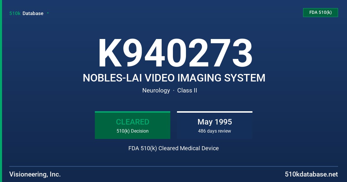 K940273 NOBLES-LAI VIDEO IMAGING SYSTEM FDA 510(k) Cleared Medical Device