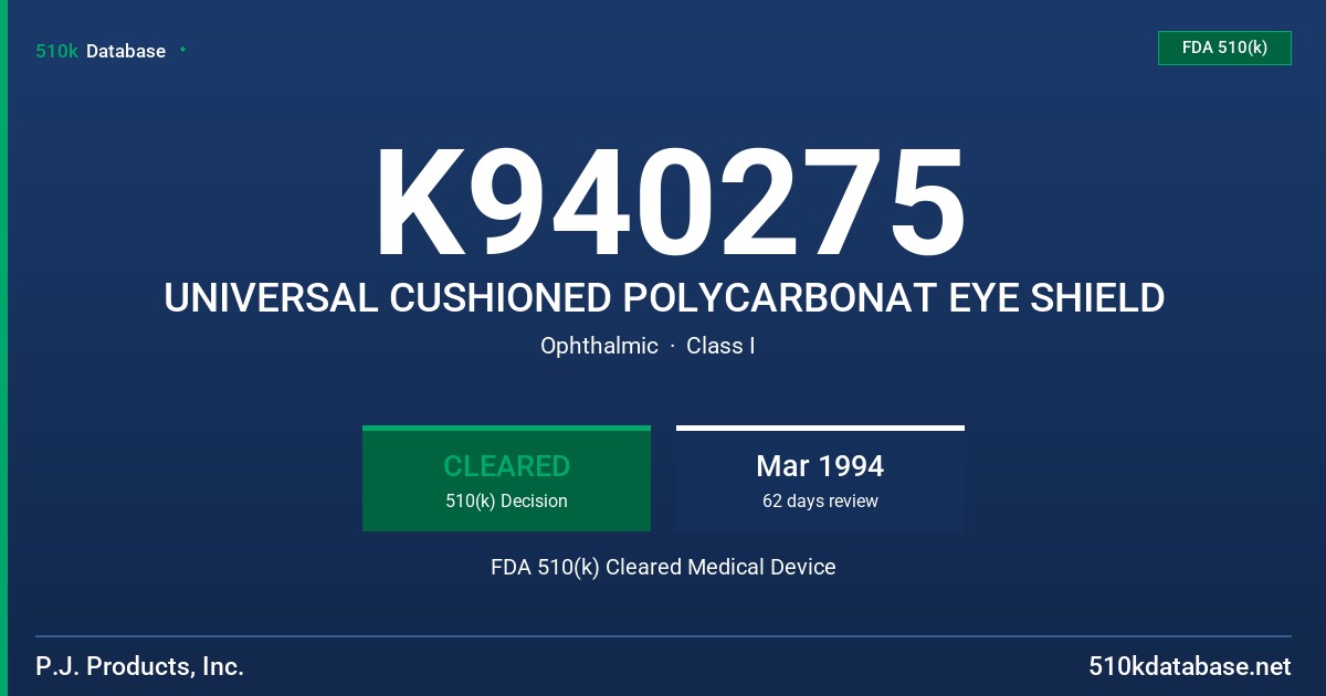 K940275 UNIVERSAL CUSHIONED POLYCARBONAT EYE SHIELD FDA 510(k) Cleared Medical Device
