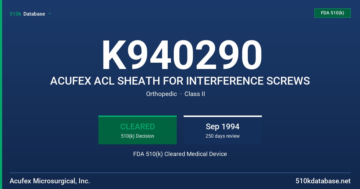 K940290 ACUFEX ACL SHEATH FOR INTERFERENCE SCREWS FDA 510(k) Cleared Medical Device