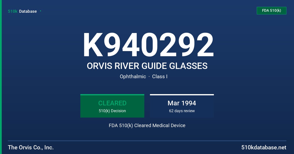 K940292 ORVIS RIVER GUIDE GLASSES FDA 510(k) Cleared Medical Device