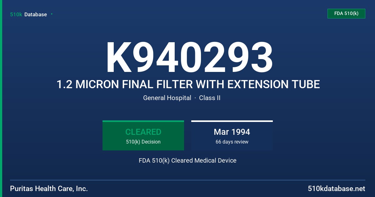 K940293 1.2 MICRON FINAL FILTER WITH EXTENSION TUBE FDA 510(k) Cleared Medical Device