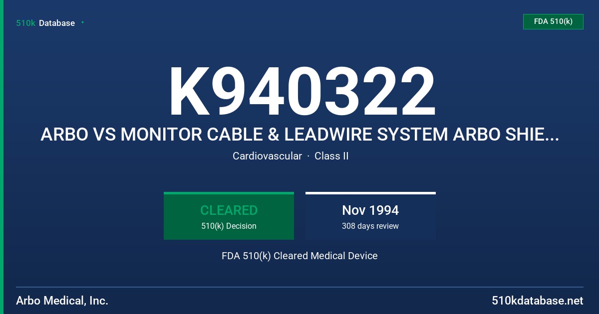 K940322 ARBO VS MONITOR CABLE & LEADWIRE SYSTEM ARBO SHIELDED SAFETY CABLE & LEAD WIRE FDA 510(k) Cleared Medical Device