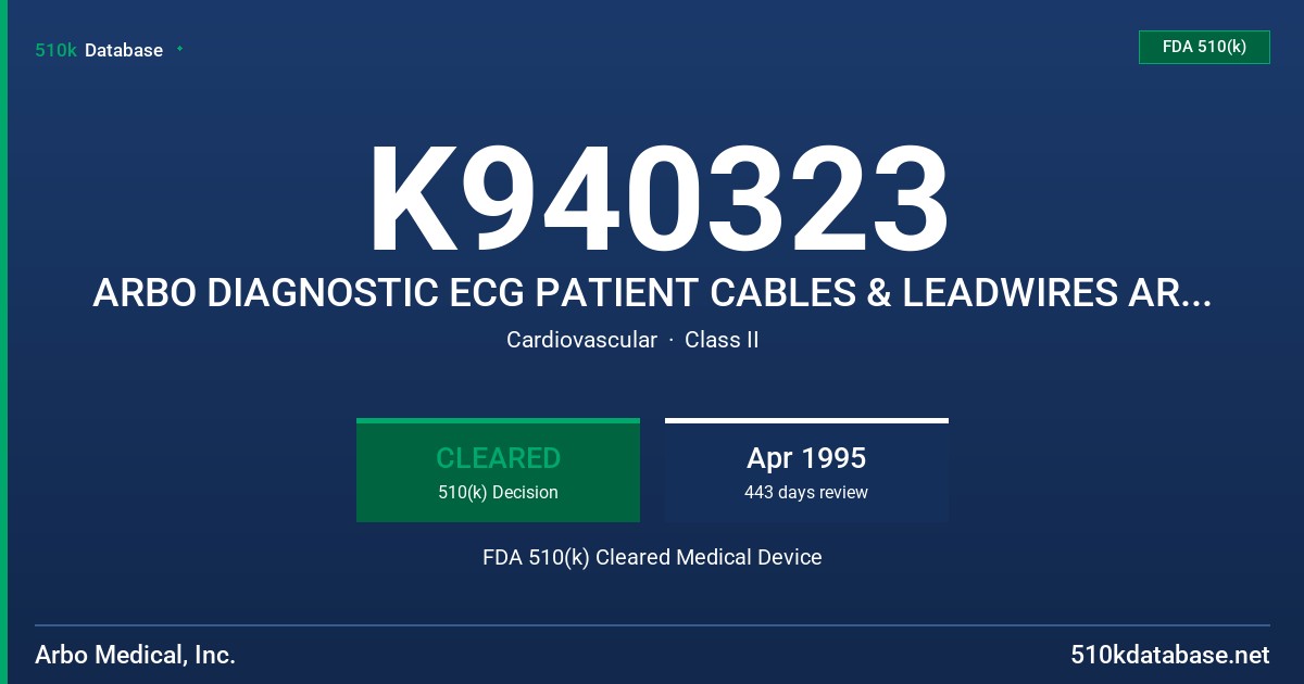 K940323 ARBO DIAGNOSTIC ECG PATIENT CABLES & LEADWIRES ARBO SHIELDED MULTI-LEAD CABLE & LEAD SYSTEM FDA 510(k) Cleared Medical Device