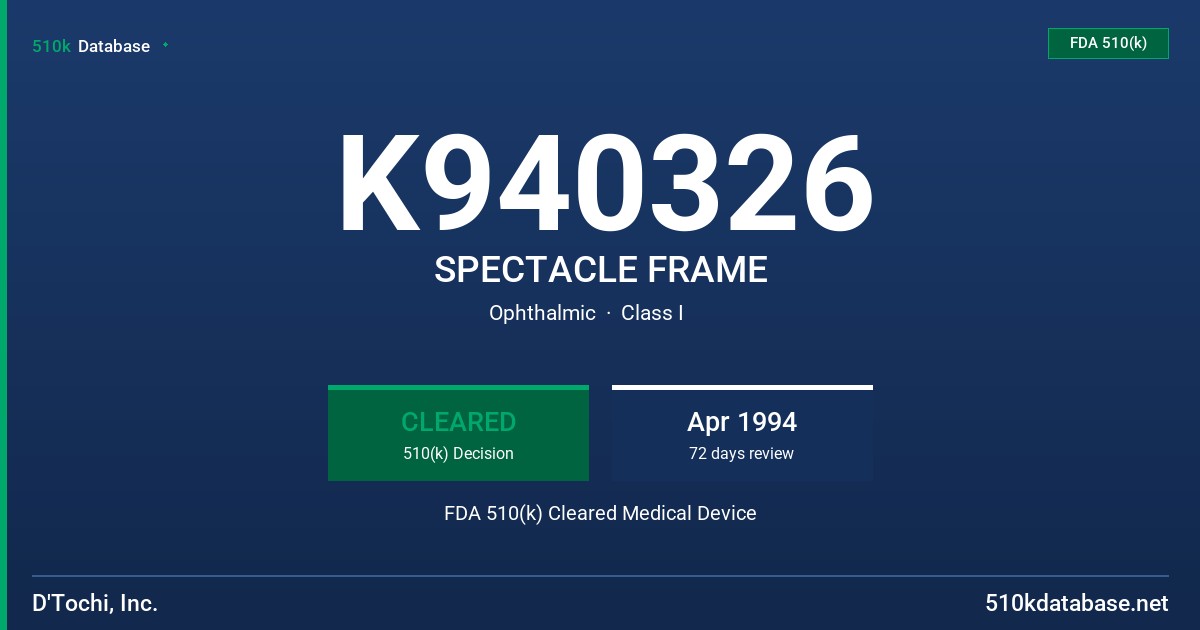 K940326 SPECTACLE FRAME FDA 510(k) Cleared Medical Device