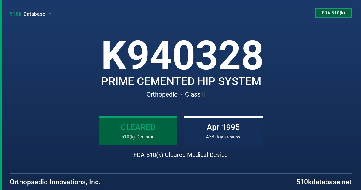 K940328 PRIME CEMENTED HIP SYSTEM FDA 510(k) Cleared Medical Device
