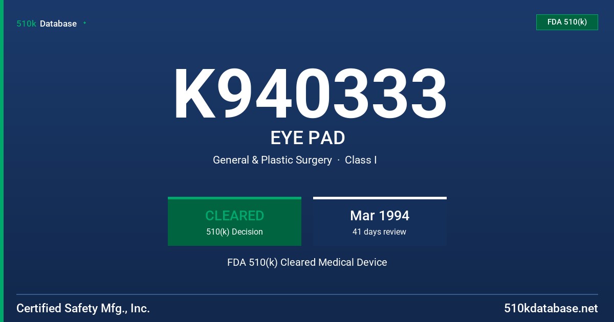 K940333 EYE PAD FDA 510(k) Cleared Medical Device