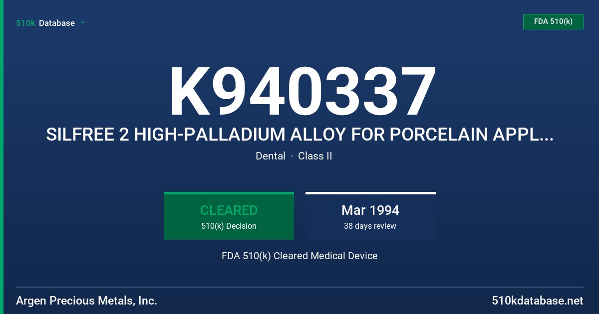 K940337 SILFREE 2 HIGH-PALLADIUM ALLOY FOR PORCELAIN APPLICATION FDA 510(k) Cleared Medical Device