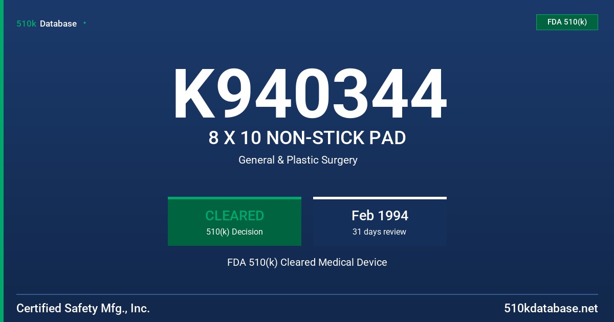 K940344 8 X 10 NON-STICK PAD FDA 510(k) Cleared Medical Device