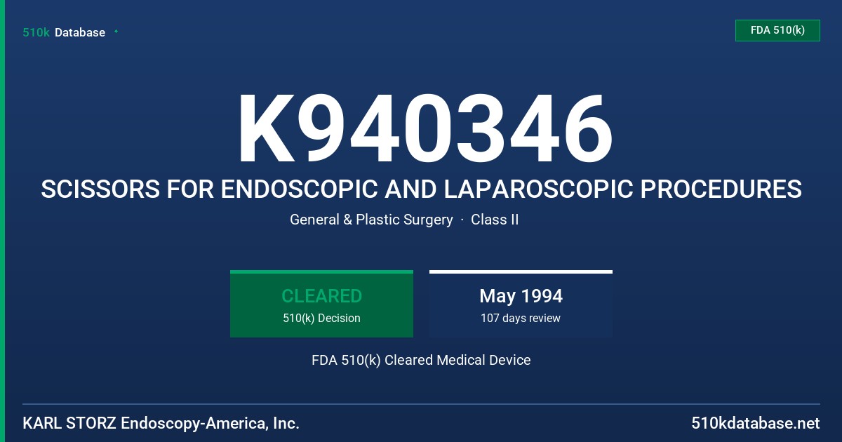 K940346 SCISSORS FOR ENDOSCOPIC AND LAPAROSCOPIC PROCEDURES FDA 510(k) Cleared Medical Device