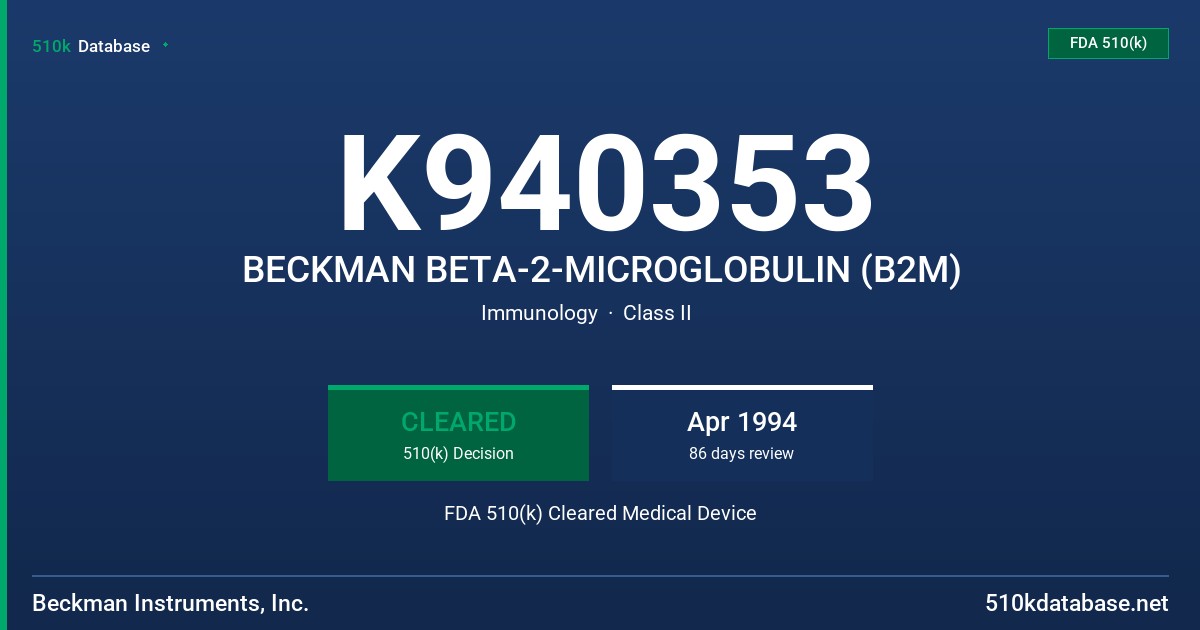 K940353 BECKMAN BETA-2-MICROGLOBULIN (B2M) FDA 510(k) Cleared Medical Device