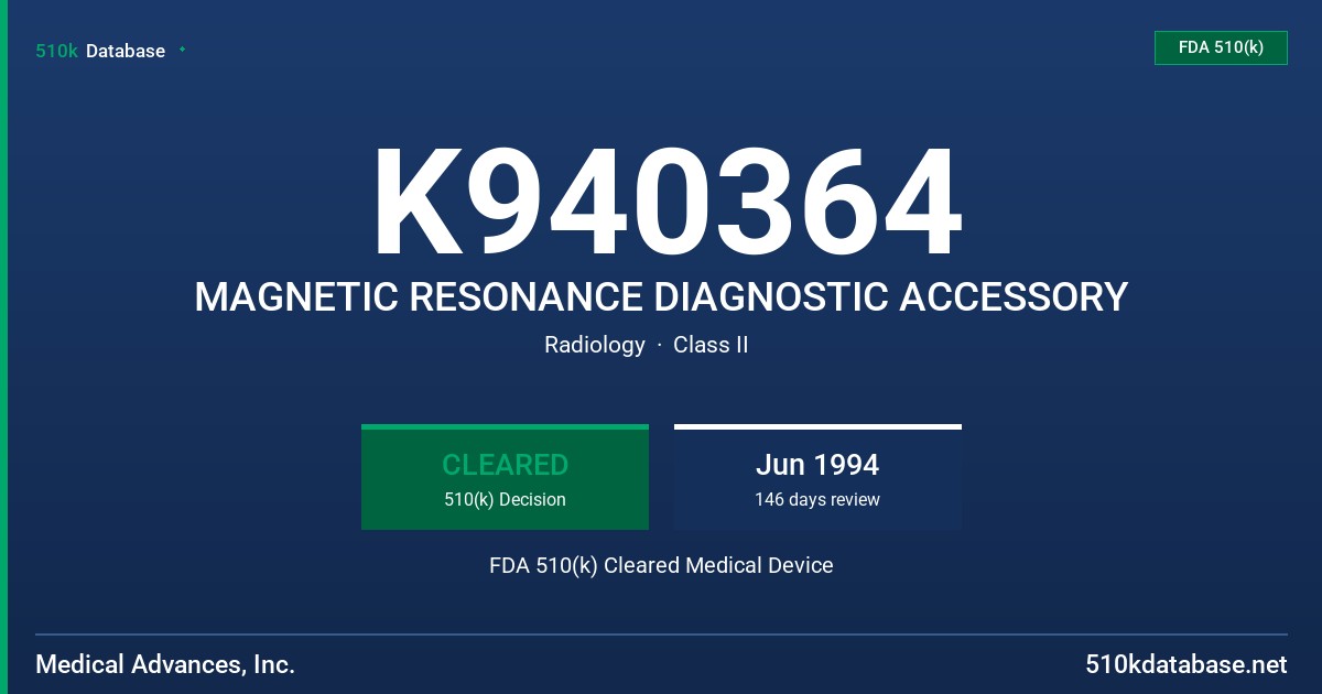 K940364 MAGNETIC RESONANCE DIAGNOSTIC ACCESSORY FDA 510(k) Cleared Medical Device