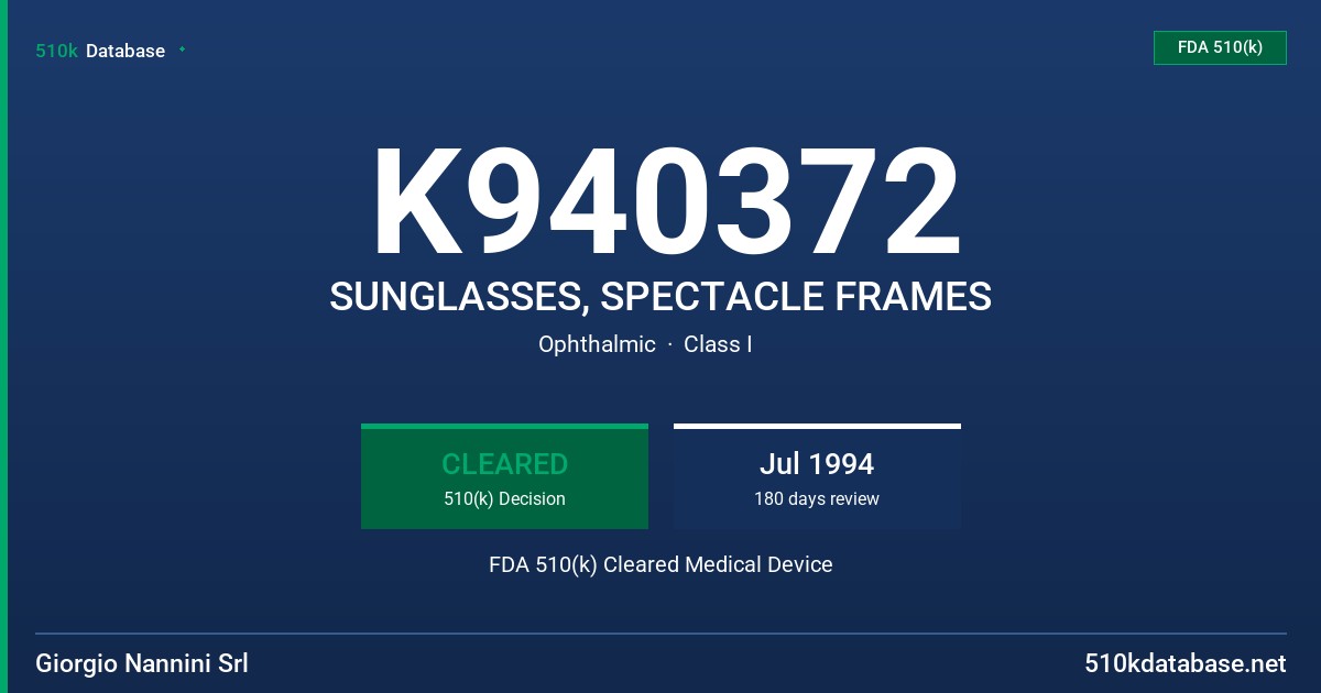 K940372 SUNGLASSES, SPECTACLE FRAMES FDA 510(k) Cleared Medical Device