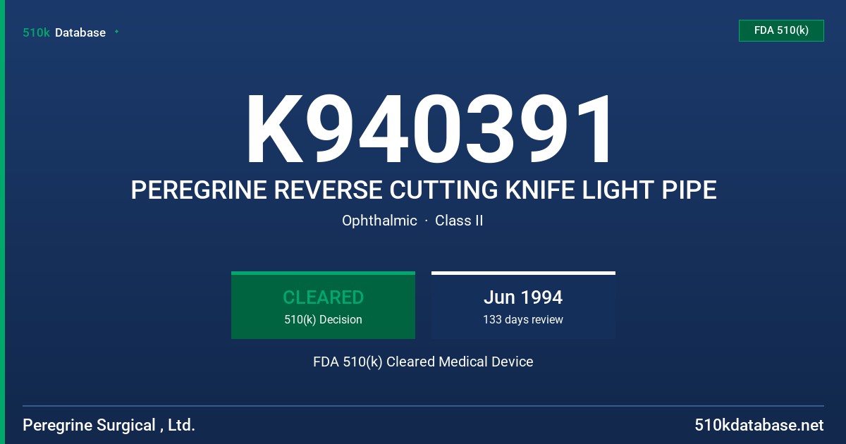 K940391 PEREGRINE REVERSE CUTTING KNIFE LIGHT PIPE FDA 510(k) Cleared Medical Device