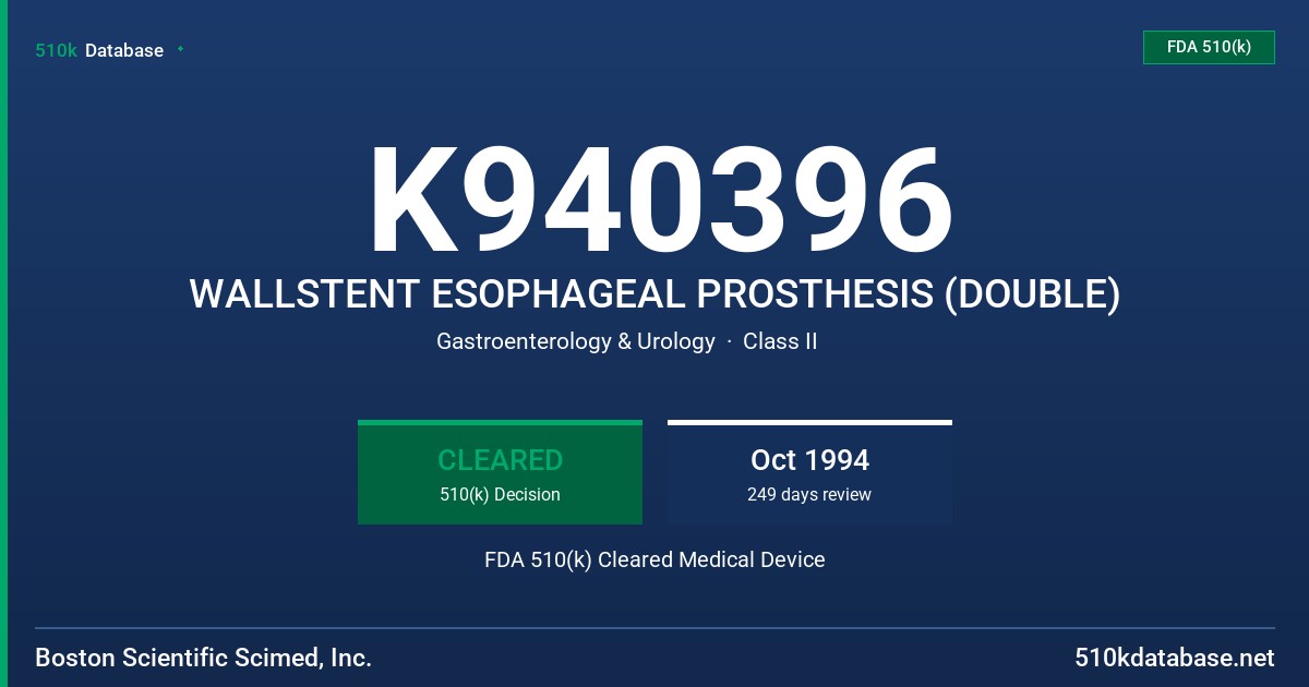 K940396 WALLSTENT ESOPHAGEAL PROSTHESIS (DOUBLE) FDA 510(k) Cleared Medical Device