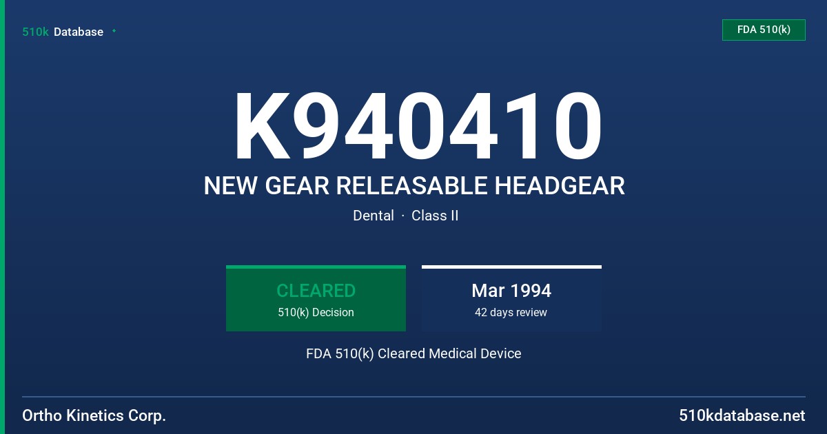 K940410 NEW GEAR RELEASABLE HEADGEAR FDA 510(k) Cleared Medical Device