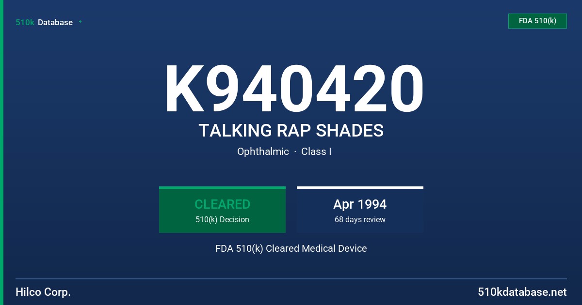 K940420 TALKING RAP SHADES FDA 510(k) Cleared Medical Device
