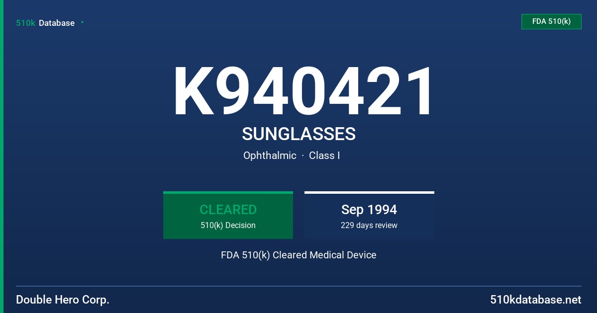 K940421 SUNGLASSES FDA 510(k) Cleared Medical Device