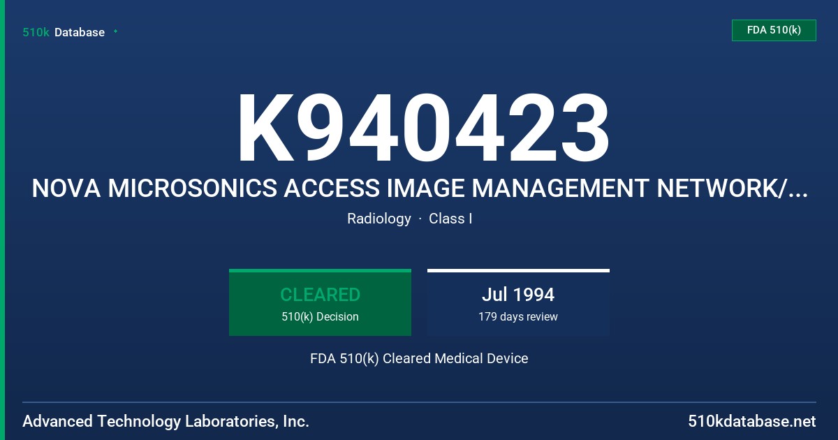 K940423 NOVA MICROSONICS ACCESS IMAGE MANAGEMENT NETWORK/ACCESS ACQUISITION MODULE FDA 510(k) Cleared Medical Device