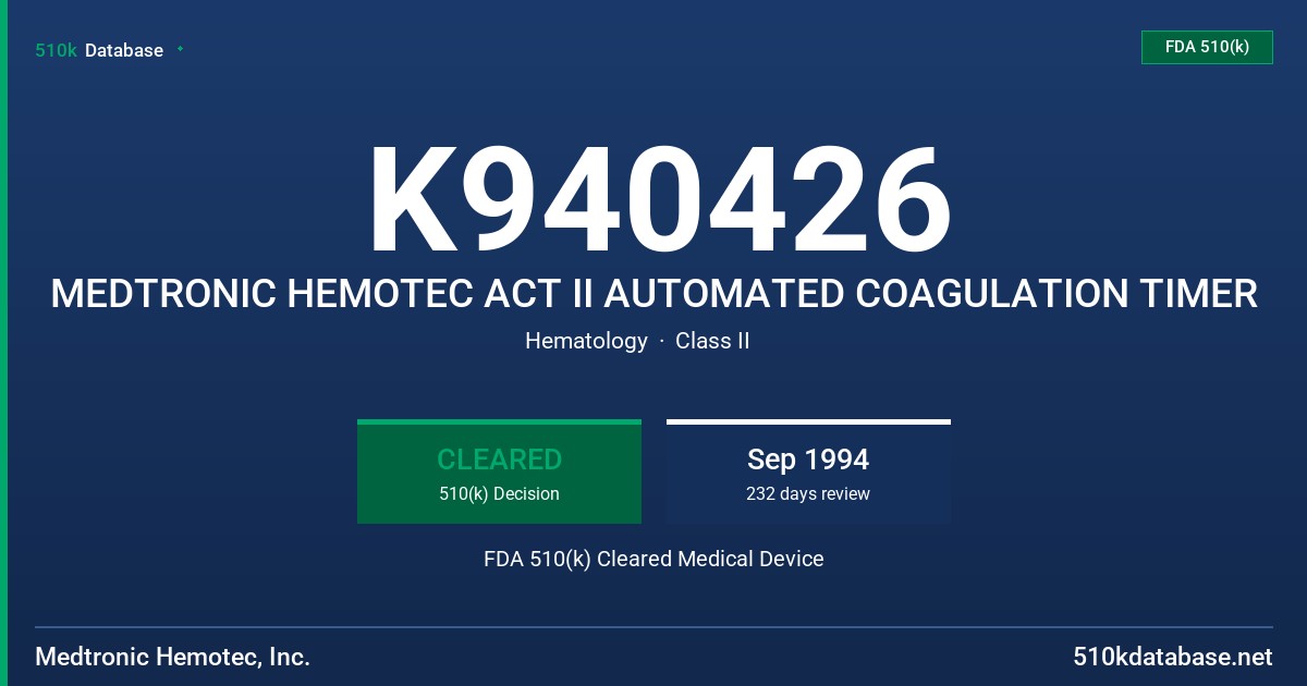 K940426 MEDTRONIC HEMOTEC ACT II AUTOMATED COAGULATION TIMER FDA 510(k) Cleared Medical Device