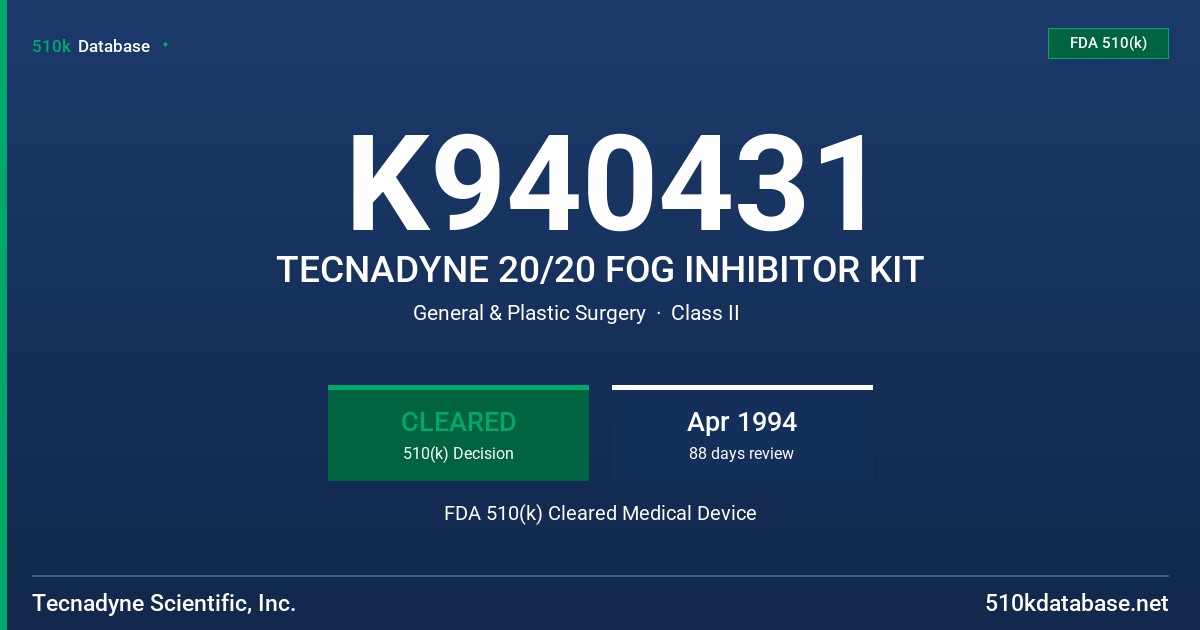 K940431 TECNADYNE 20/20 FOG INHIBITOR KIT FDA 510(k) Cleared Medical Device