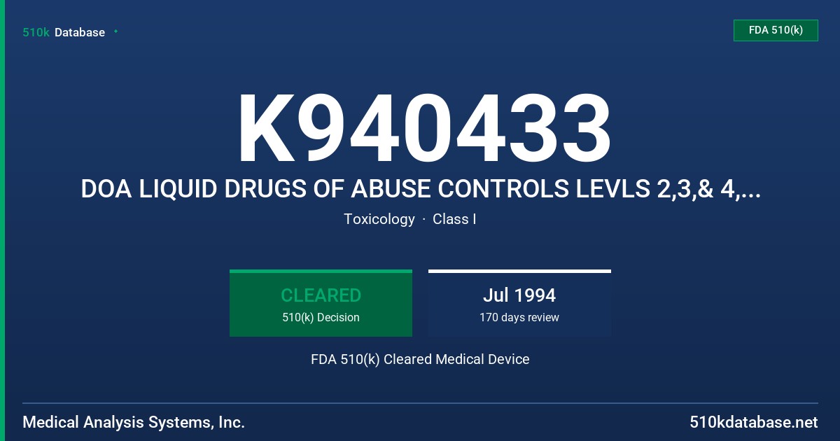 K940433 DOA LIQUID DRUGS OF ABUSE CONTROLS LEVLS 2,3,& 4,G2,G3,& G4 FDA 510(k) Cleared Medical Device
