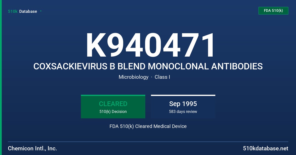 K940471 COXSACKIEVIRUS B BLEND MONOCLONAL ANTIBODIES FDA 510(k) Cleared Medical Device