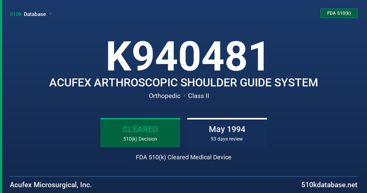 K940481 ACUFEX ARTHROSCOPIC SHOULDER GUIDE SYSTEM FDA 510(k) Cleared Medical Device