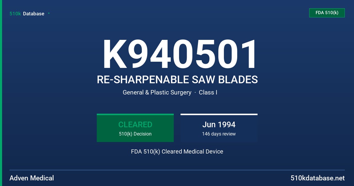 K940501 RE-SHARPENABLE SAW BLADES FDA 510(k) Cleared Medical Device