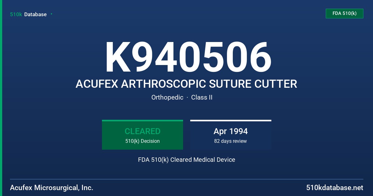 K940506 ACUFEX ARTHROSCOPIC SUTURE CUTTER FDA 510(k) Cleared Medical Device