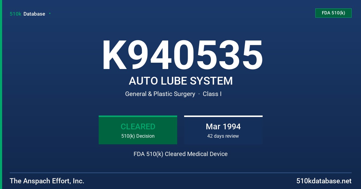 K940535 AUTO LUBE SYSTEM FDA 510(k) Cleared Medical Device