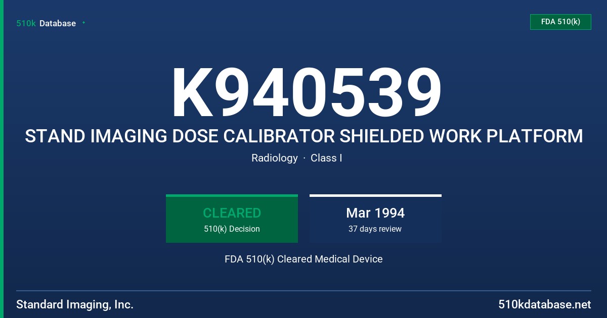K940539 STAND IMAGING DOSE CALIBRATOR SHIELDED WORK PLATFORM FDA 510(k) Cleared Medical Device