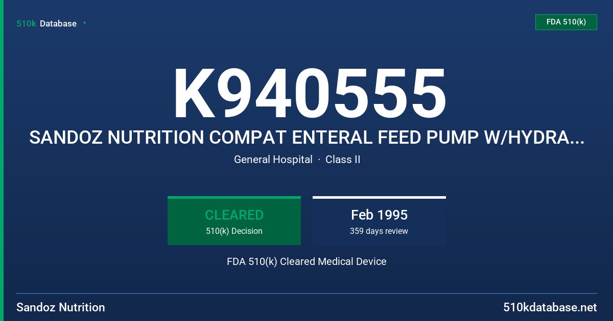 K940555 SANDOZ NUTRITION COMPAT ENTERAL FEED PUMP W/HYDRATION FDA 510(k) Cleared Medical Device