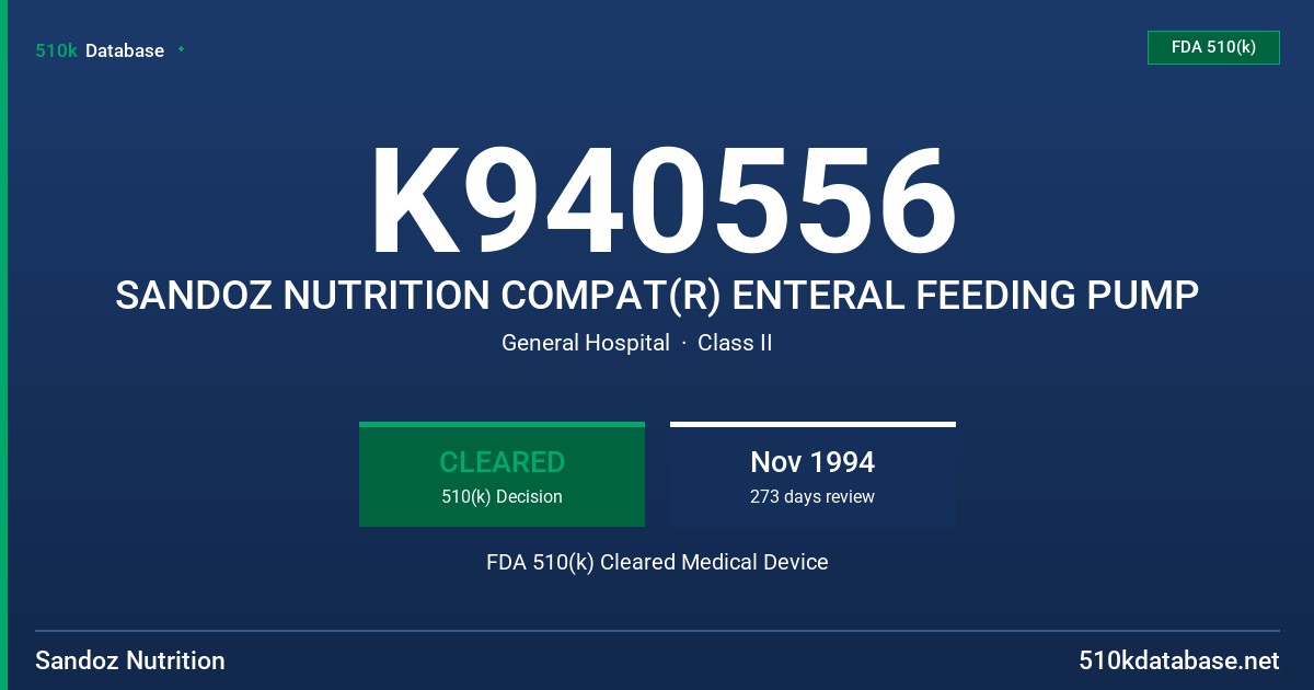 K940556 SANDOZ NUTRITION COMPAT(R) ENTERAL FEEDING PUMP FDA 510(k) Cleared Medical Device